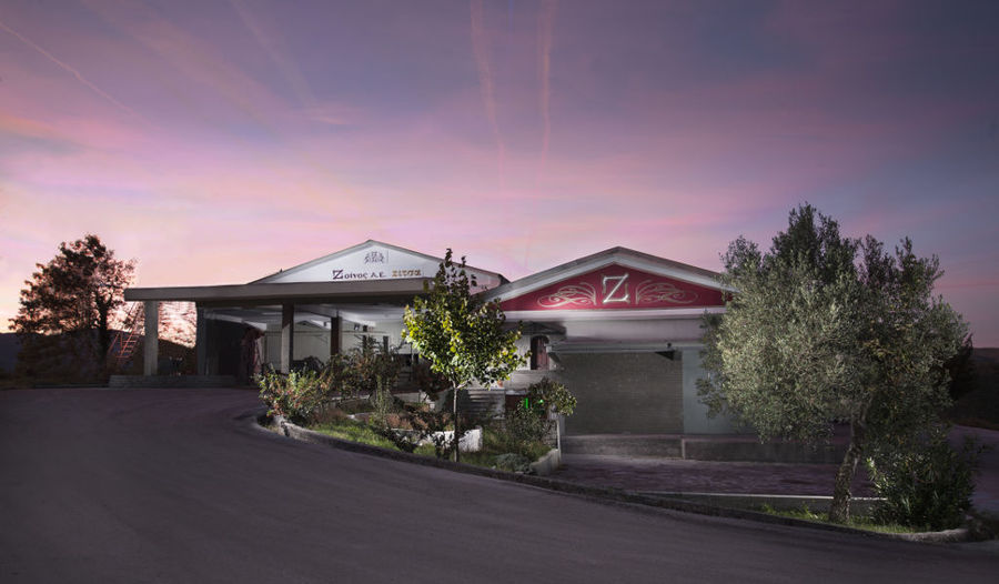 front view of 'Zoinos Winery' surrounded by trees by night